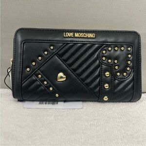 Love Moschino Black Zip Around Wallet Gold Stud Heart NWT